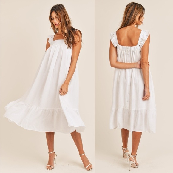 Mable Dresses & Skirts - Mable Womens White Linen Boah Ruffle Sleeve Button Up Back Midi Dress Size M